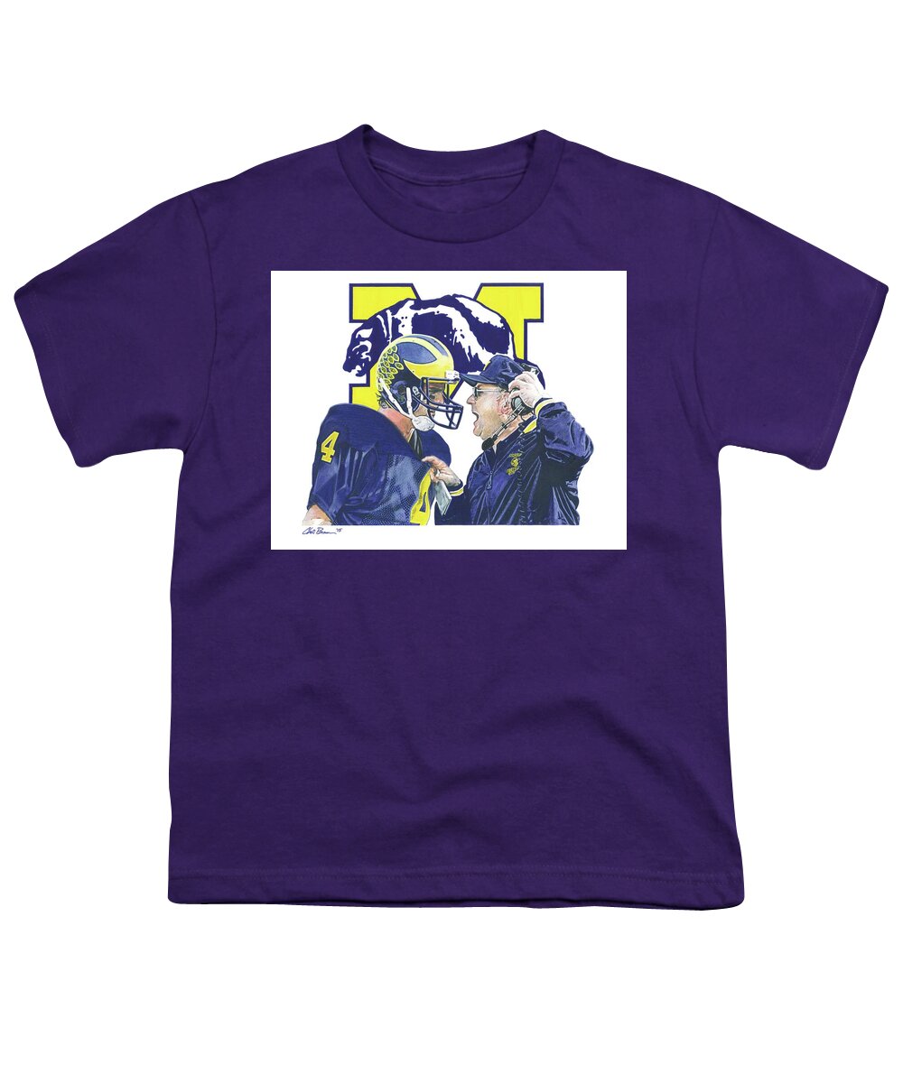 Michigan Wolverines Youth T-Shirt featuring the drawing Jim Harbaugh and Bo Schembechler by Chris Brown