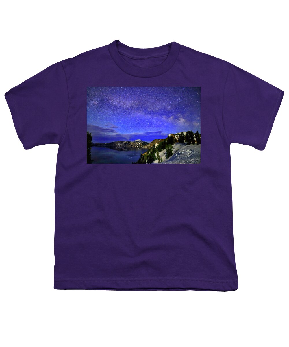 Astro Photography Youth T-Shirt featuring the photograph Milky Way over Crater Lake by Coby Cooper