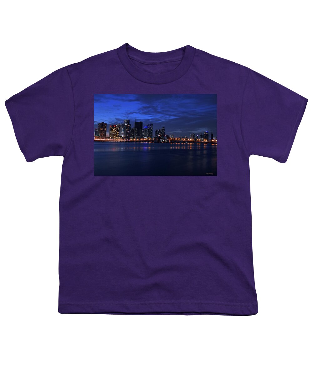 Delray Youth T-Shirt featuring the photograph The Venetian Causeway At Night In Miami Florida by Ken Figurski