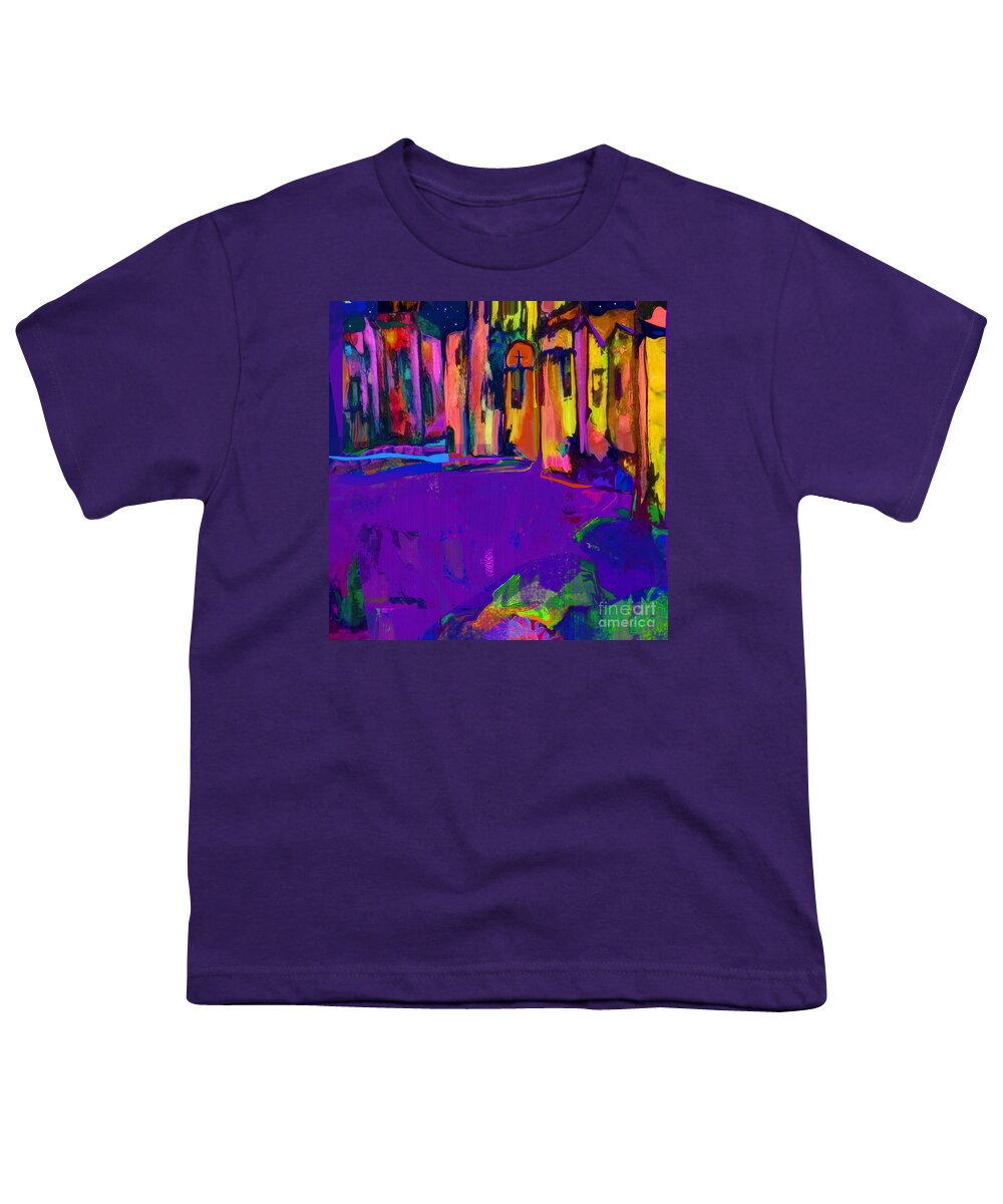 Square Youth T-Shirt featuring the mixed media Good Night Santa Fe in Lavender and Gold by Zsanan Studio