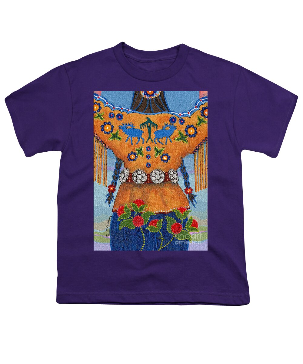 Native American Youth T-Shirt featuring the painting Thunder Girl Fall by Chholing Taha