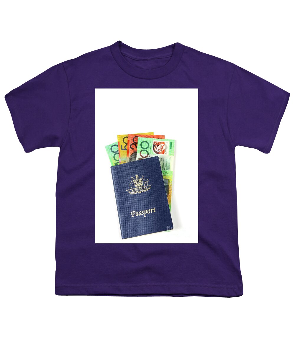 Money Youth T-Shirt featuring the photograph Australian Money with passport by Milleflore Images