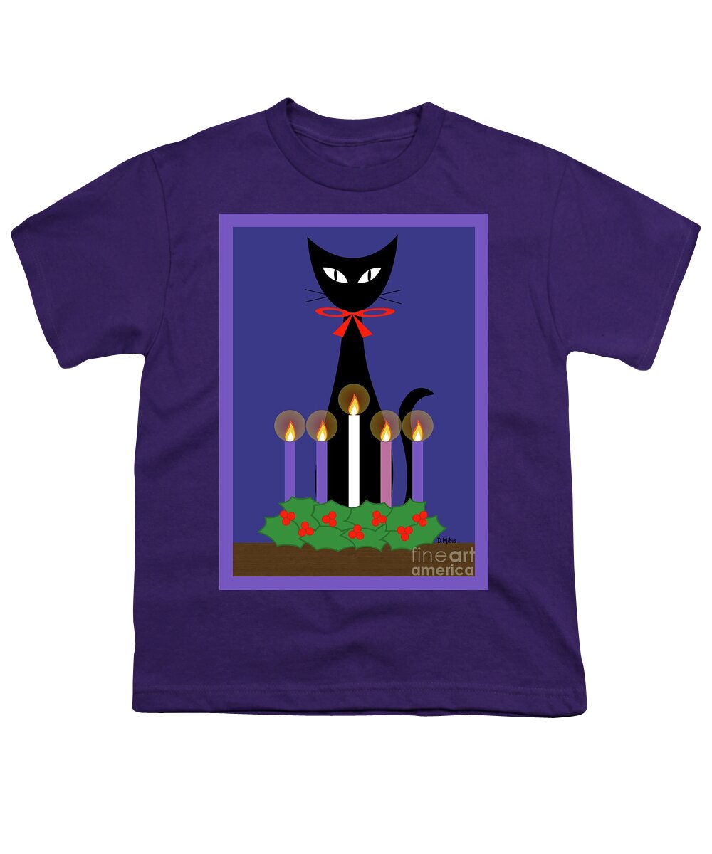 Christmas Youth T-Shirt featuring the digital art Black Cat with Christmas Advent Wreath by Donna Mibus