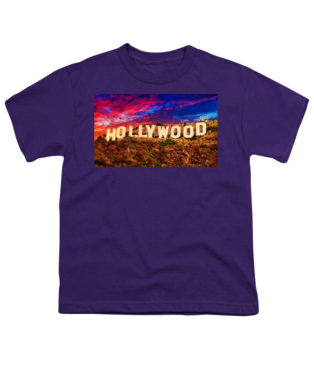Hollywood Youth T-Shirt featuring the digital art Hollywood sign in the sunset light with a dramatic sky - digital painting by Nicko Prints