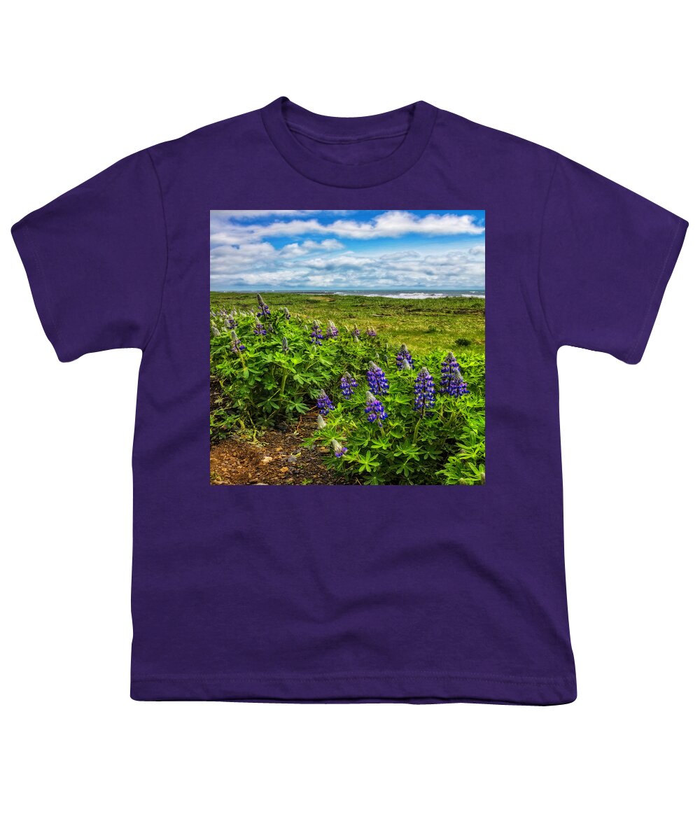 Clouds Youth T-Shirt featuring the photograph Lupines at the Edge of the Sea in Square by Debra and Dave Vanderlaan