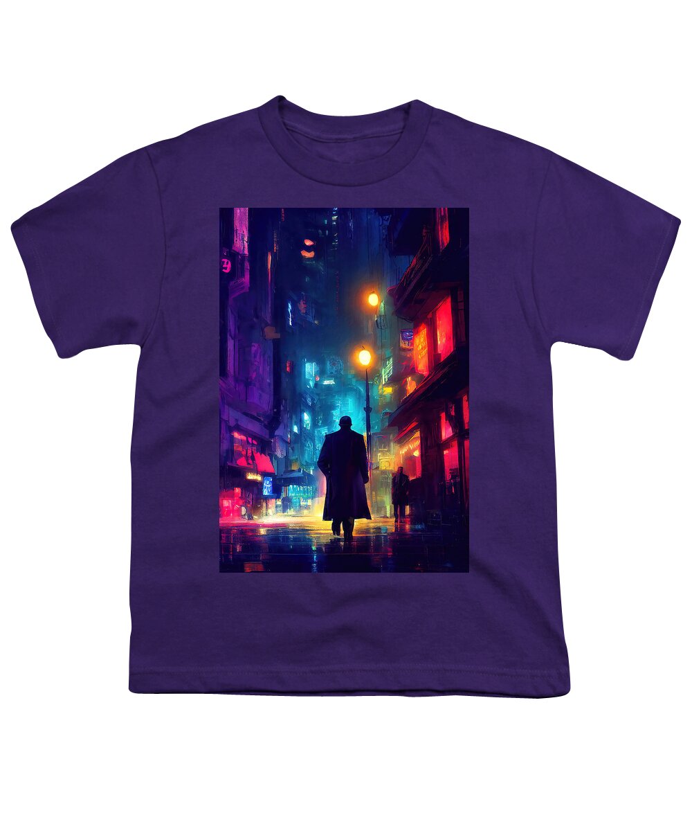 Cyberpunk Youth T-Shirt featuring the painting On a midnight street, 01 by AM FineArtPrints