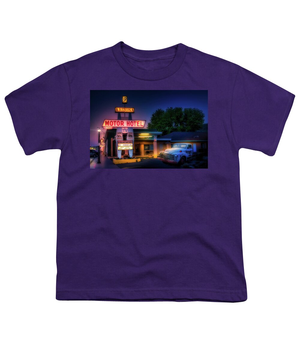 Route 66 Youth T-Shirt featuring the photograph The Motor Hotel, Williams AZ by Micah Offman