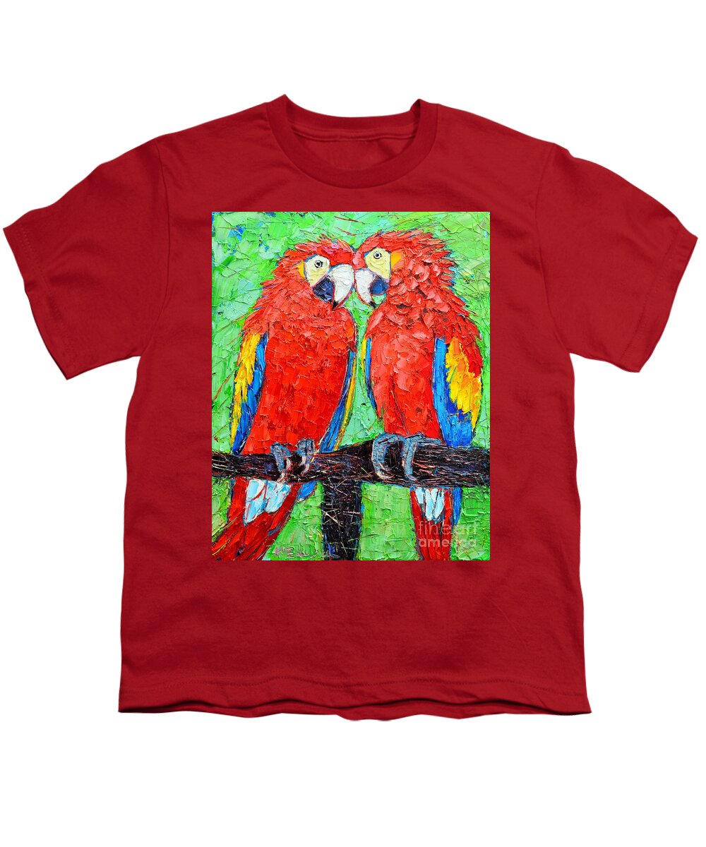 Parrots Youth T-Shirt featuring the painting Ara Love A Moment Of Tenderness Between Two Scarlet Macaw Parrots by Ana Maria Edulescu