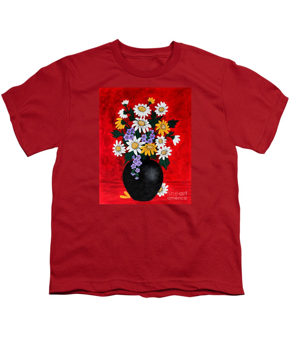 Barbara Griffin Youth T-Shirt featuring the painting Black Vase with Daisies by Barbara A Griffin