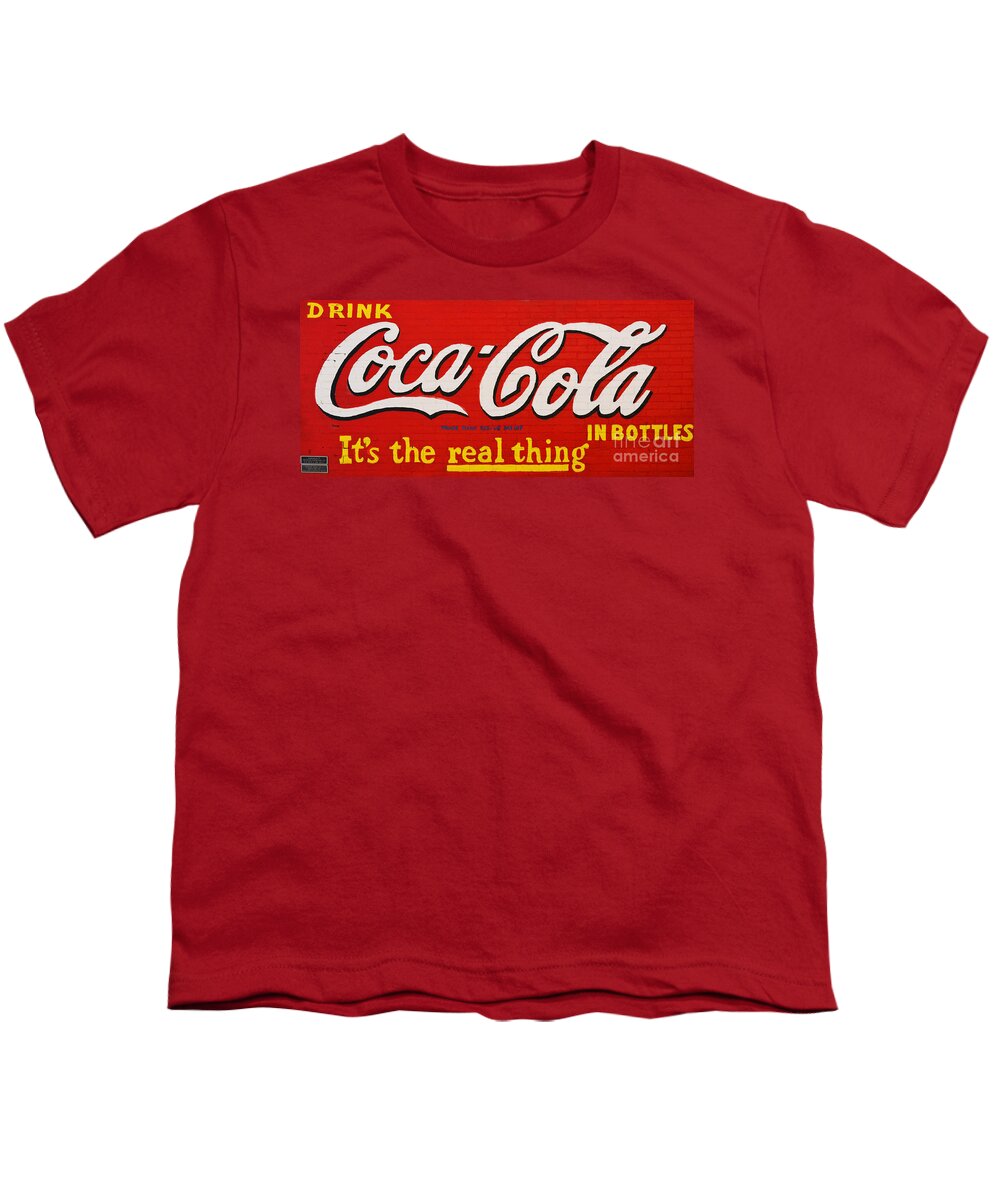 Coke Youth T-Shirt featuring the photograph Coca Cola Coke Vintage Americana Red Street Sign on a Brick Wall by Shawn O'Brien