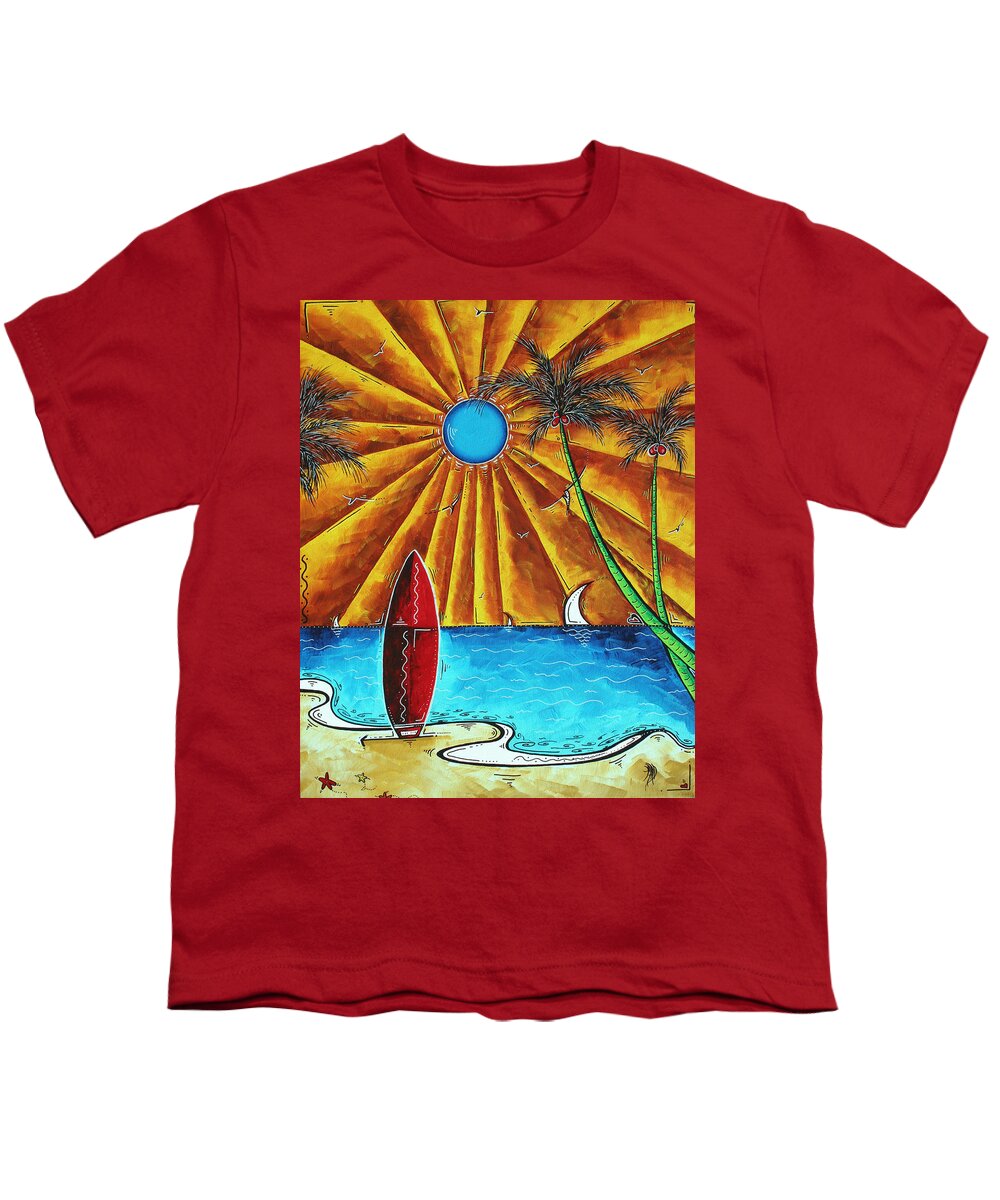 Abstract Youth T-Shirt featuring the painting Original Tropical Surfing Whimsical Fun Painting WAITING FOR THE SURF by MADART by Megan Aroon