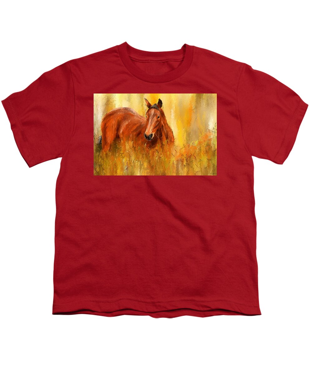 Bay Horse Paintings Youth T-Shirt featuring the painting Stallion in Autumn - Bay Horse Paintings by Lourry Legarde