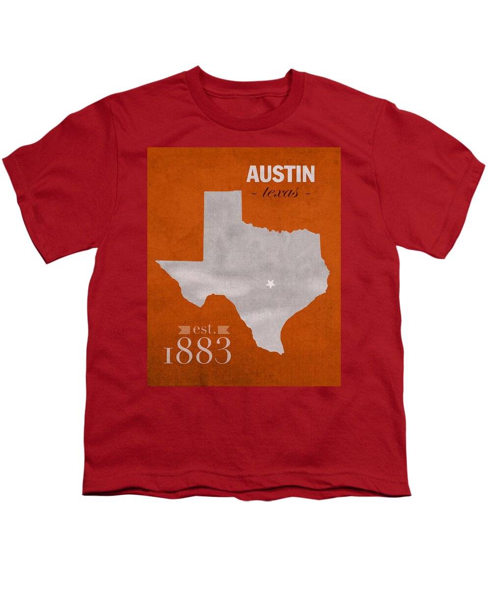 University Of Texas Youth T-Shirt featuring the mixed media University of Texas Longhorns Austin College Town State Map Poster Series No 105 by Design Turnpike