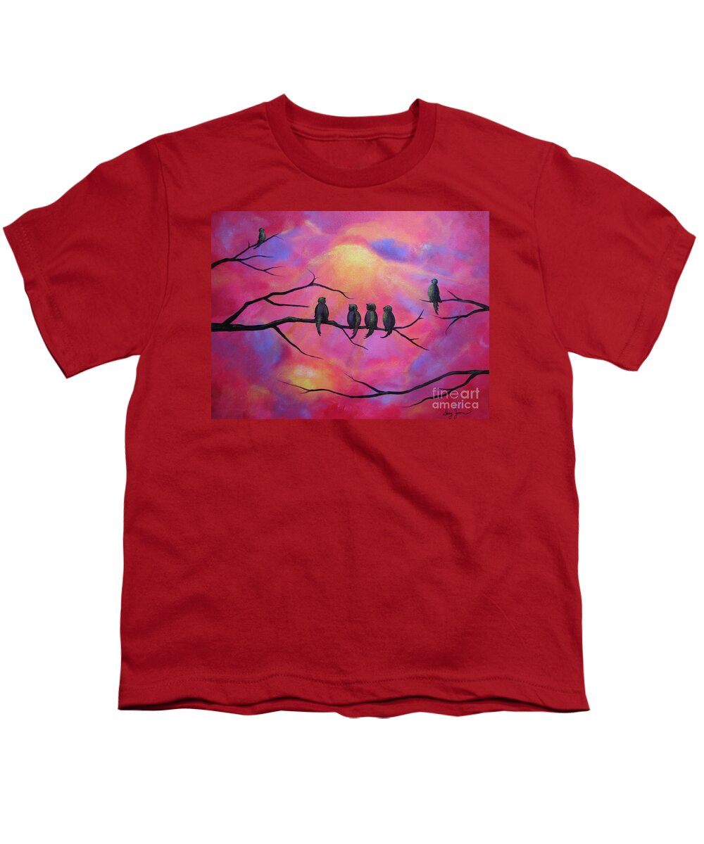 Birds Youth T-Shirt featuring the painting Blazing Ruby Sky by Stacey Zimmerman