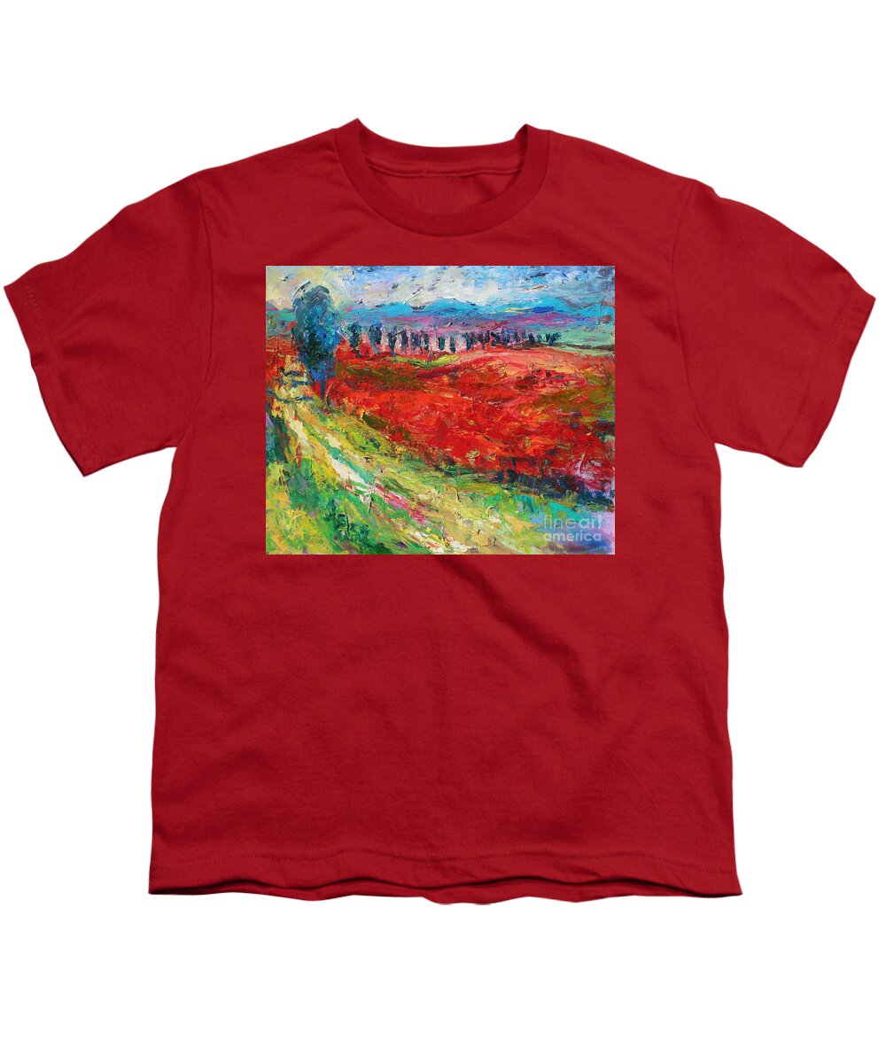 Tuscany Poppy Field Landscape Youth T-Shirt featuring the painting Tuscany italy landscape poppy field by Svetlana Novikova