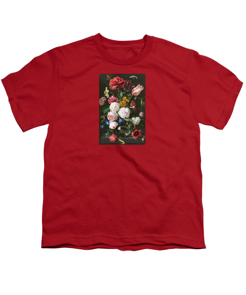 Still Life With Flowers In A Glass Vase Youth T-Shirt featuring the mixed media Flowers in a Glass Vase 3 by Jan Davidsz de Heem