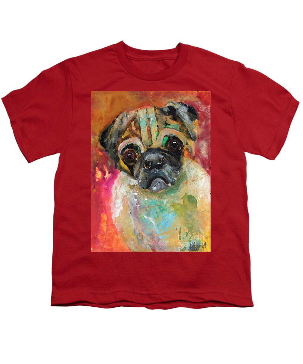 Pug Youth T-Shirt featuring the painting Pucker Up Pug #1 by Kasha Ritter