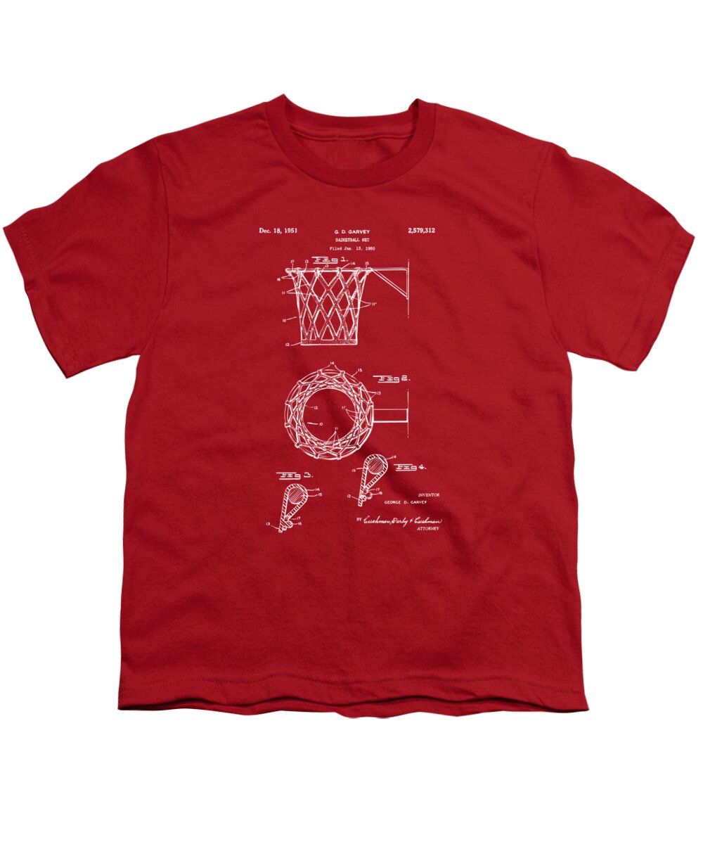Basketball Youth T-Shirt featuring the digital art 1951 Basketball Net Patent Artwork - Red by Nikki Marie Smith