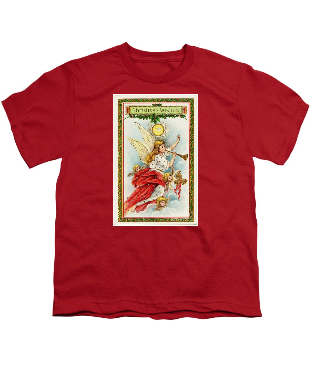 Christmas Wishes Angels Blowing Horns Vintage Victorian Youth T-Shirt featuring the painting Christmas wishes Angels blowing horns vintage victorian by Vintage Collectables
