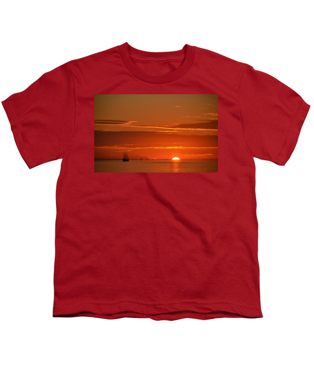 Replicas Youth T-Shirt featuring the photograph Christopher Columbus Replica Wooden Sailing Ship Nina Sails off into the Sunset by Jeff at JSJ Photography