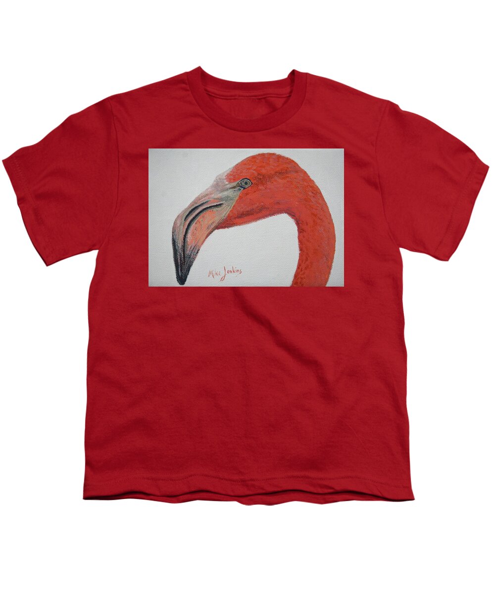 Flamingo Youth T-Shirt featuring the painting Face to Face with Flamingo by Mike Jenkins