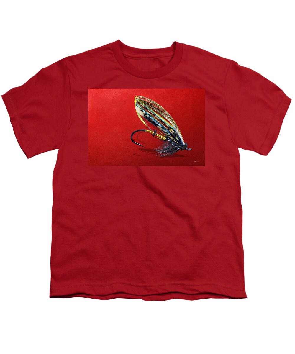 Fishing Corner Collection By Serge Averbukh Youth T-Shirt featuring the photograph Fully Dressed Salmon Fly on Red by Serge Averbukh