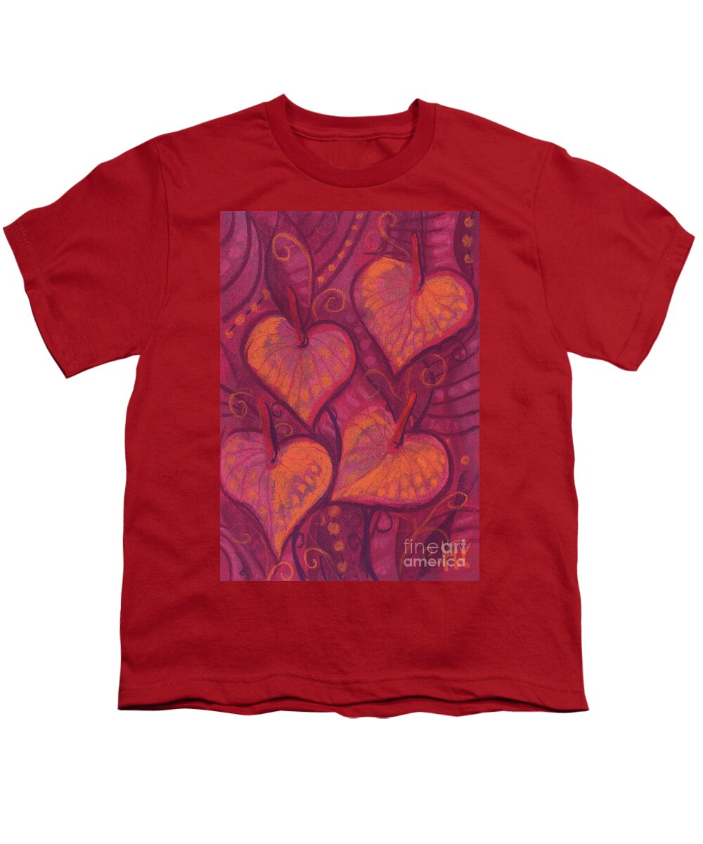 Pink Red Orange Crimson Ruby Maroon Youth T-Shirt featuring the painting Hearty Flowers by Julia Khoroshikh