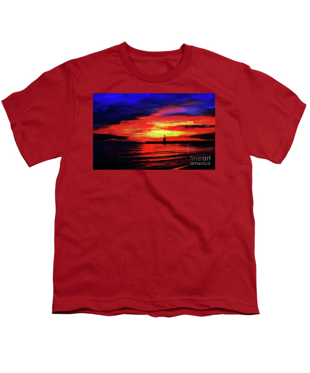 Long Beach Youth T-Shirt featuring the painting Lighthouse sunset by Gull G