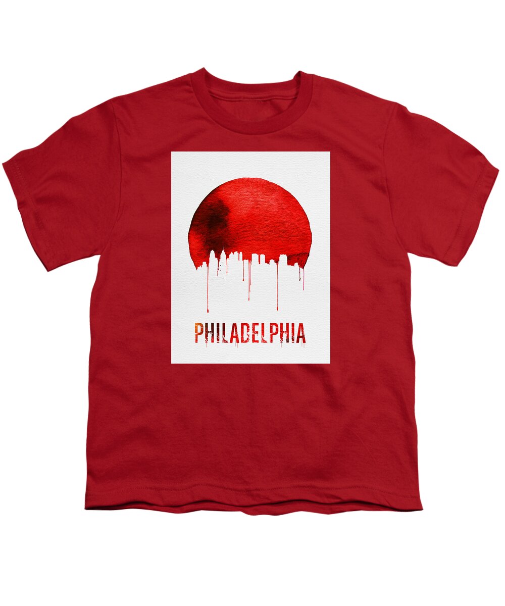 Philadelphia Youth T-Shirt featuring the painting Philadelphia Skyline RedSkyline Red by Naxart Studio
