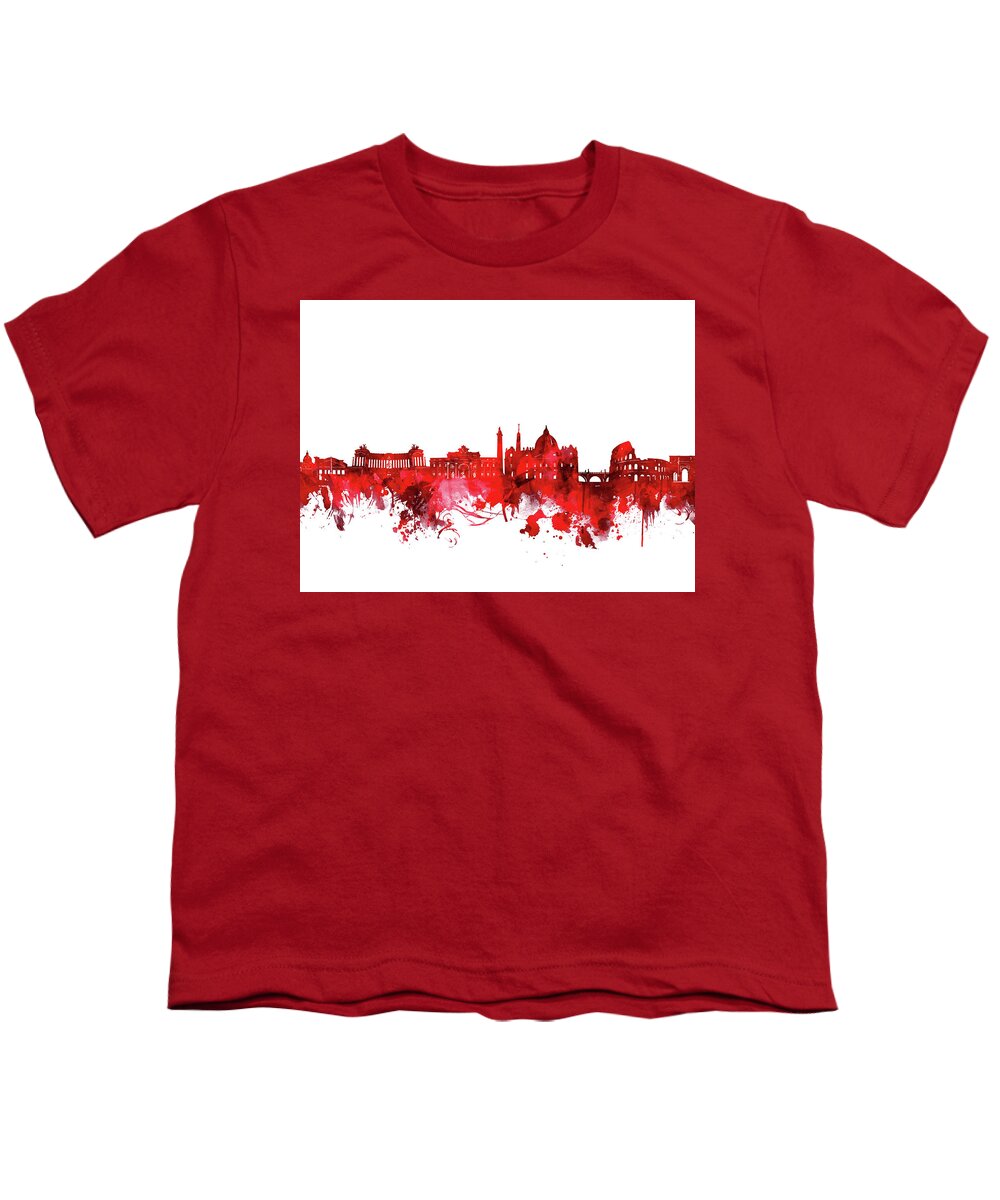 Rome Youth T-Shirt featuring the digital art Rome City Skyline Wateroclor Red by Bekim M