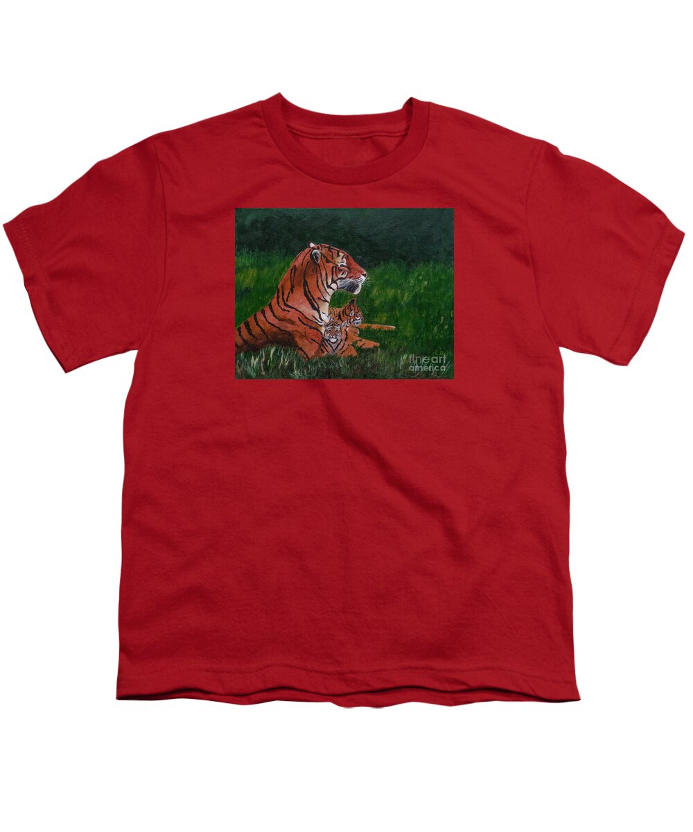 Tiger Youth T-Shirt featuring the painting Tiger Family by Laurel Best