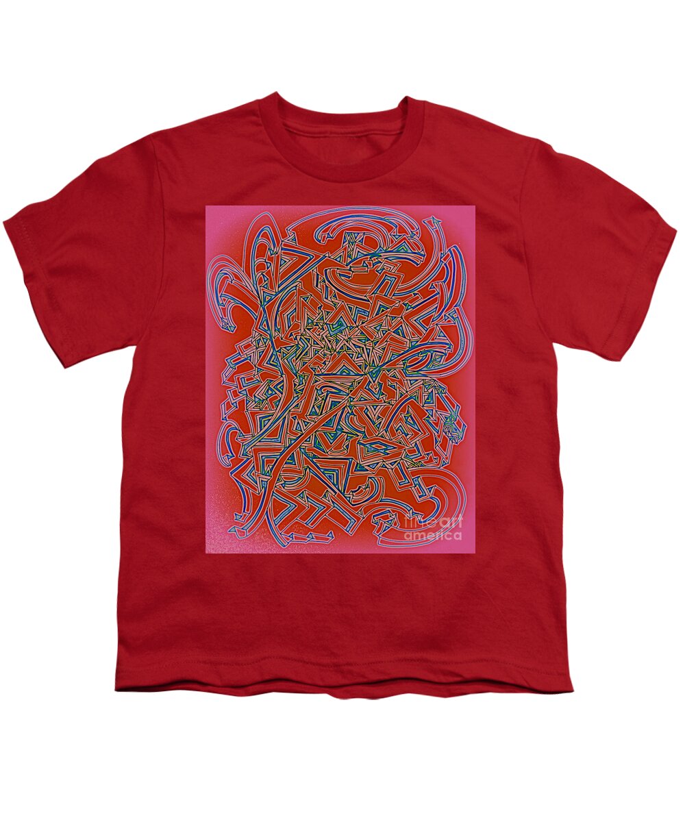 Digital Art Youth T-Shirt featuring the digital art Triangles and Curves in Red by Nancy Kane Chapman