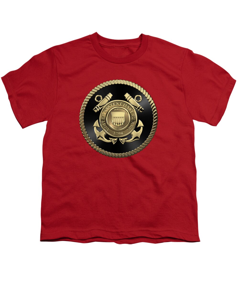 'military Insignia & Heraldry 3d' Collection By Serge Averbukh Youth T-Shirt featuring the digital art U. S. Coast Guard - U S C G Emblem Black Edition over Red Velvet by Serge Averbukh