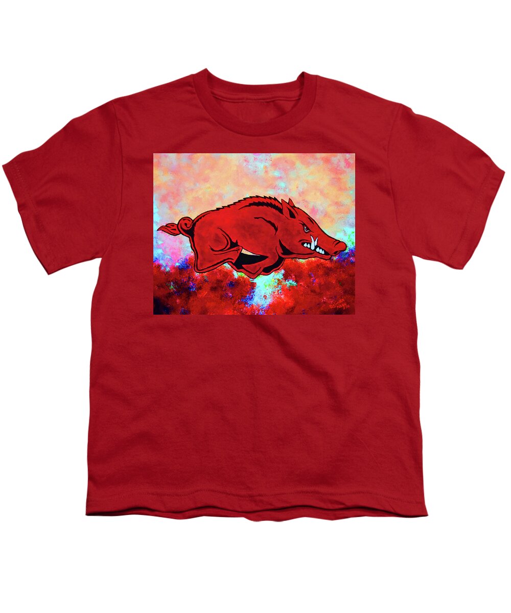 Razorback Youth T-Shirt featuring the painting Woo Pig Sooie 3 by Belinda Nagy