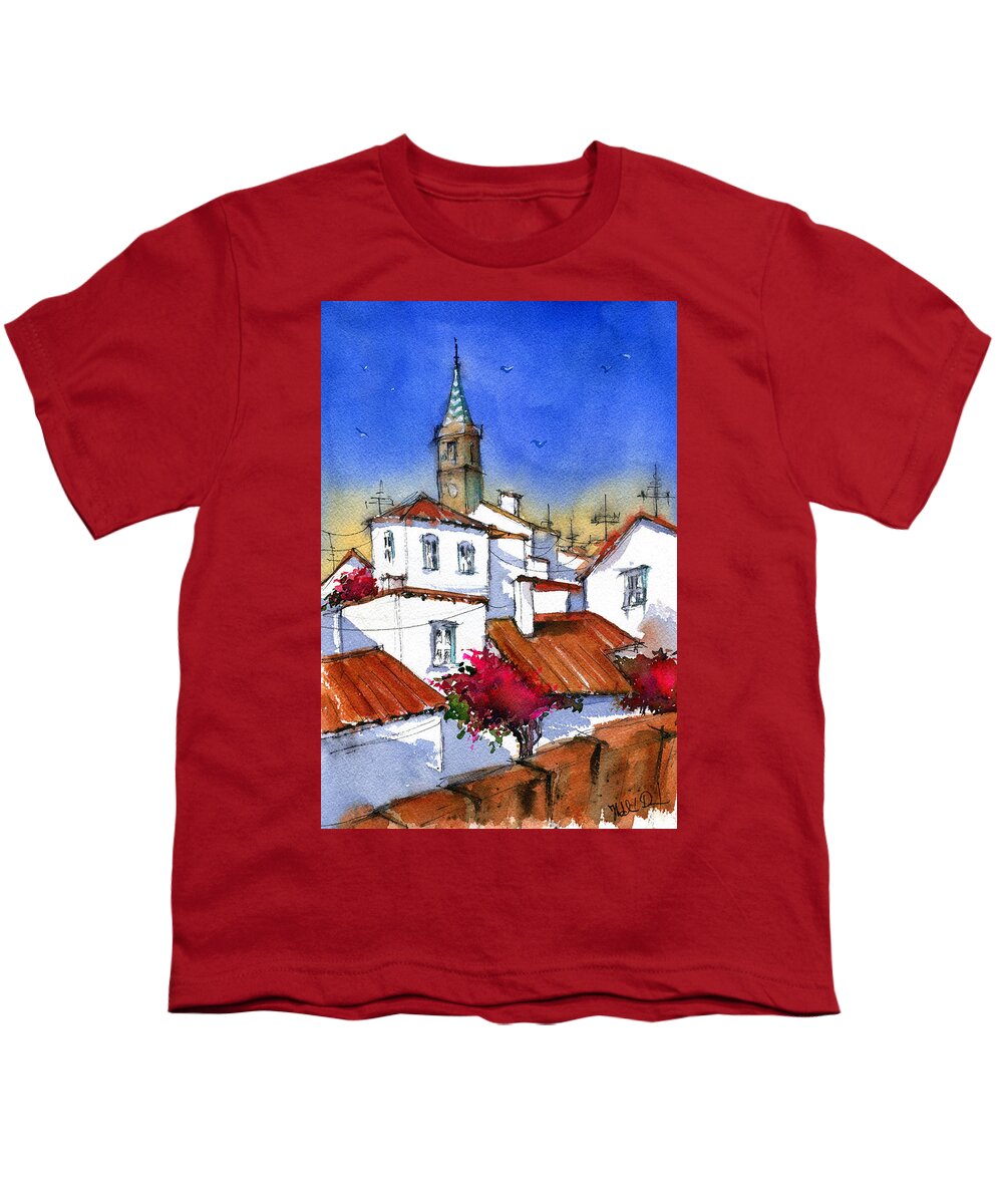 Andalusian Village Youth T-Shirt featuring the painting Andalusian Village in Spain by Dora Hathazi Mendes