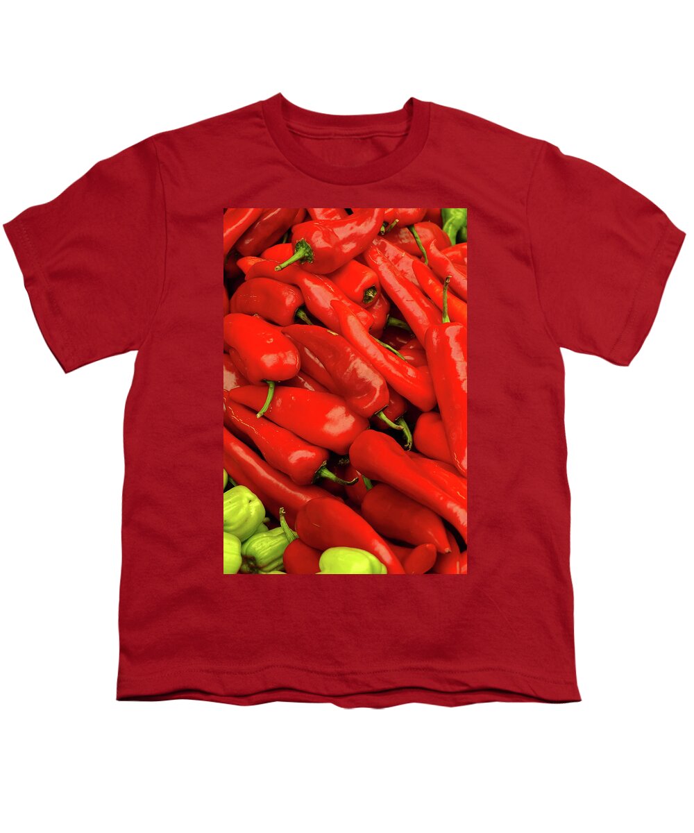 Canakkale Youth T-Shirt featuring the photograph Bright red peppers in the central market by Steve Estvanik