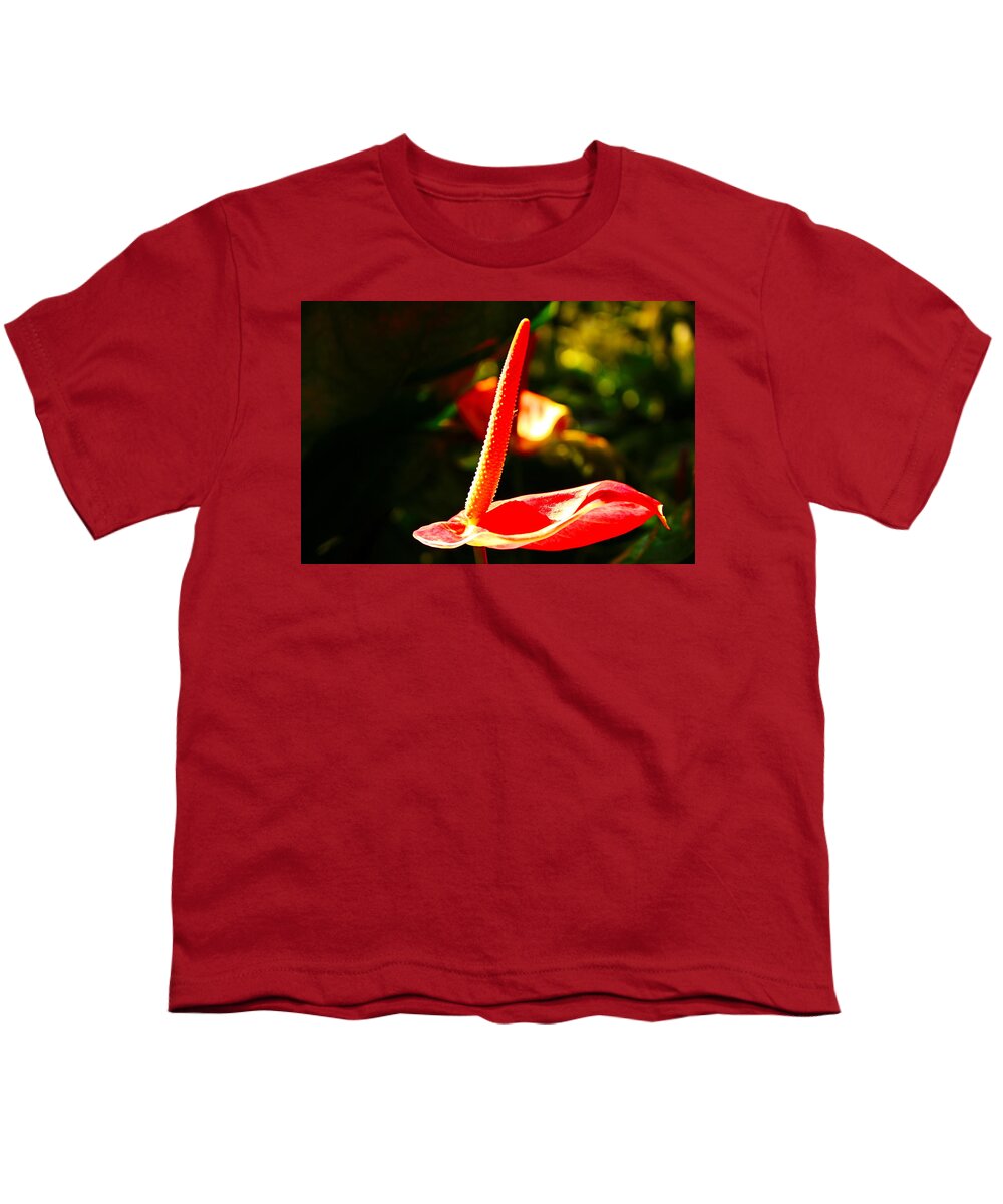 Laceleaf Youth T-Shirt featuring the photograph Red Anthurium Solo by Loretta S