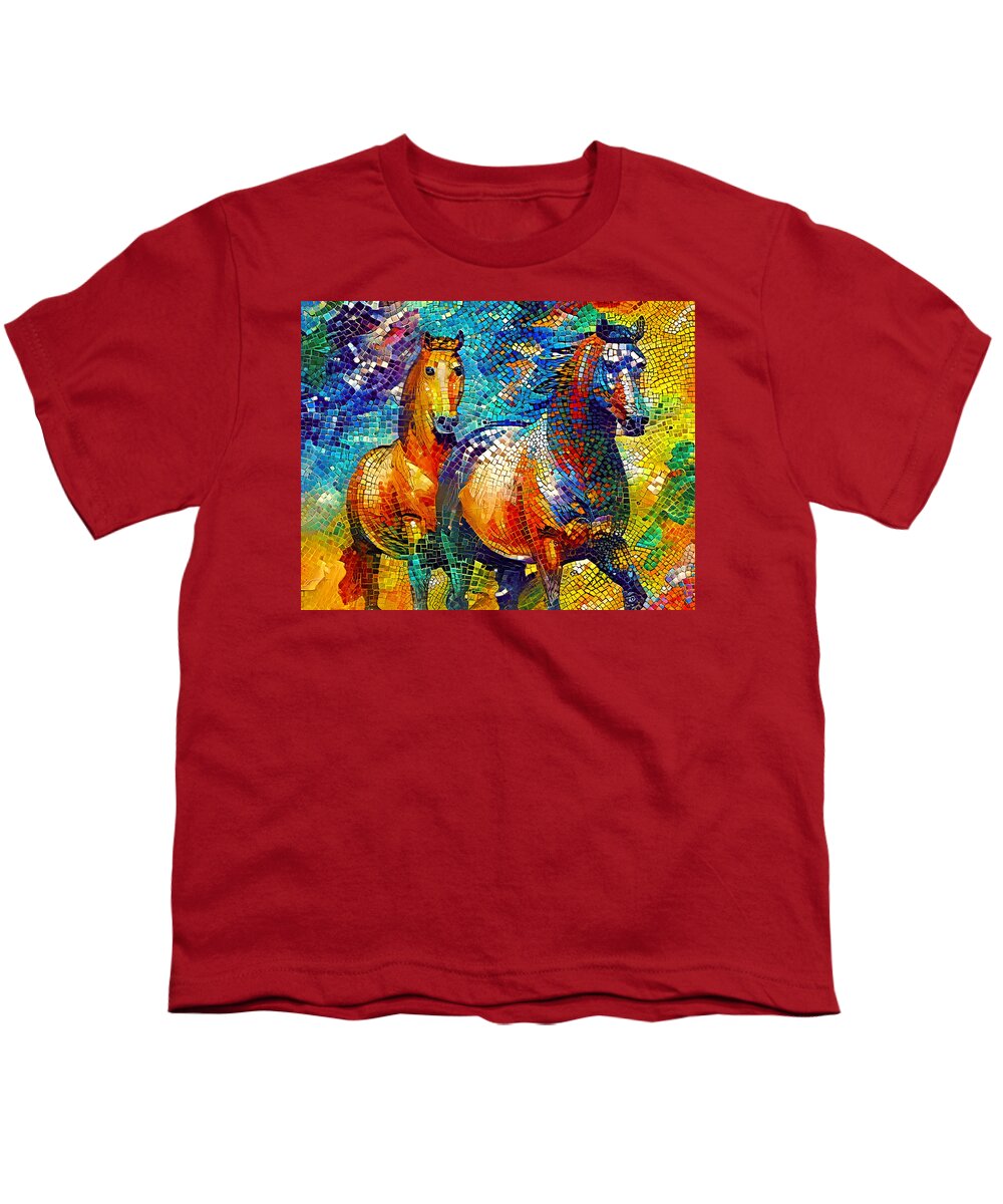 Horse Walking Youth T-Shirt featuring the digital art A couple of horses walking - colorful mosaic by Nicko Prints