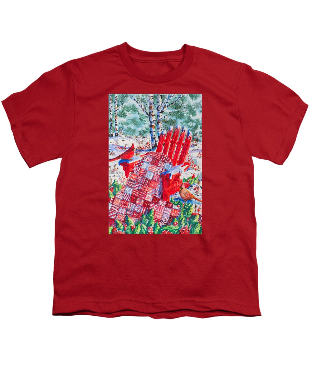 Winter Scene Of Two Cardinals With A Holiday Quilt Of Red And A Matching Red Adirondack Chair. Youth T-Shirt featuring the painting Cardinals and Holiday Patchwork by Diane Phalen