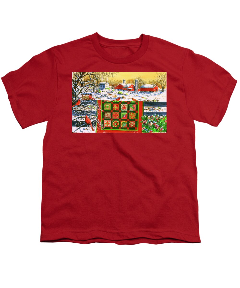 Quilt Youth T-Shirt featuring the painting Christmas on the Farm by Diane Phalen