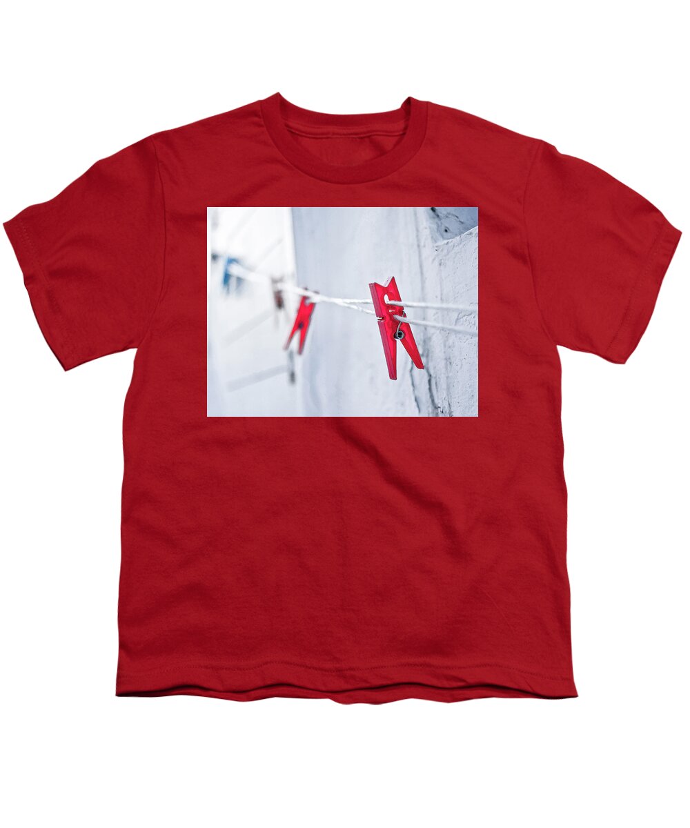 Clothes Line Mykonos Greece Red Clothespin Youth T-Shirt featuring the photograph Clothesline in Mykonos, Greece by David Morehead