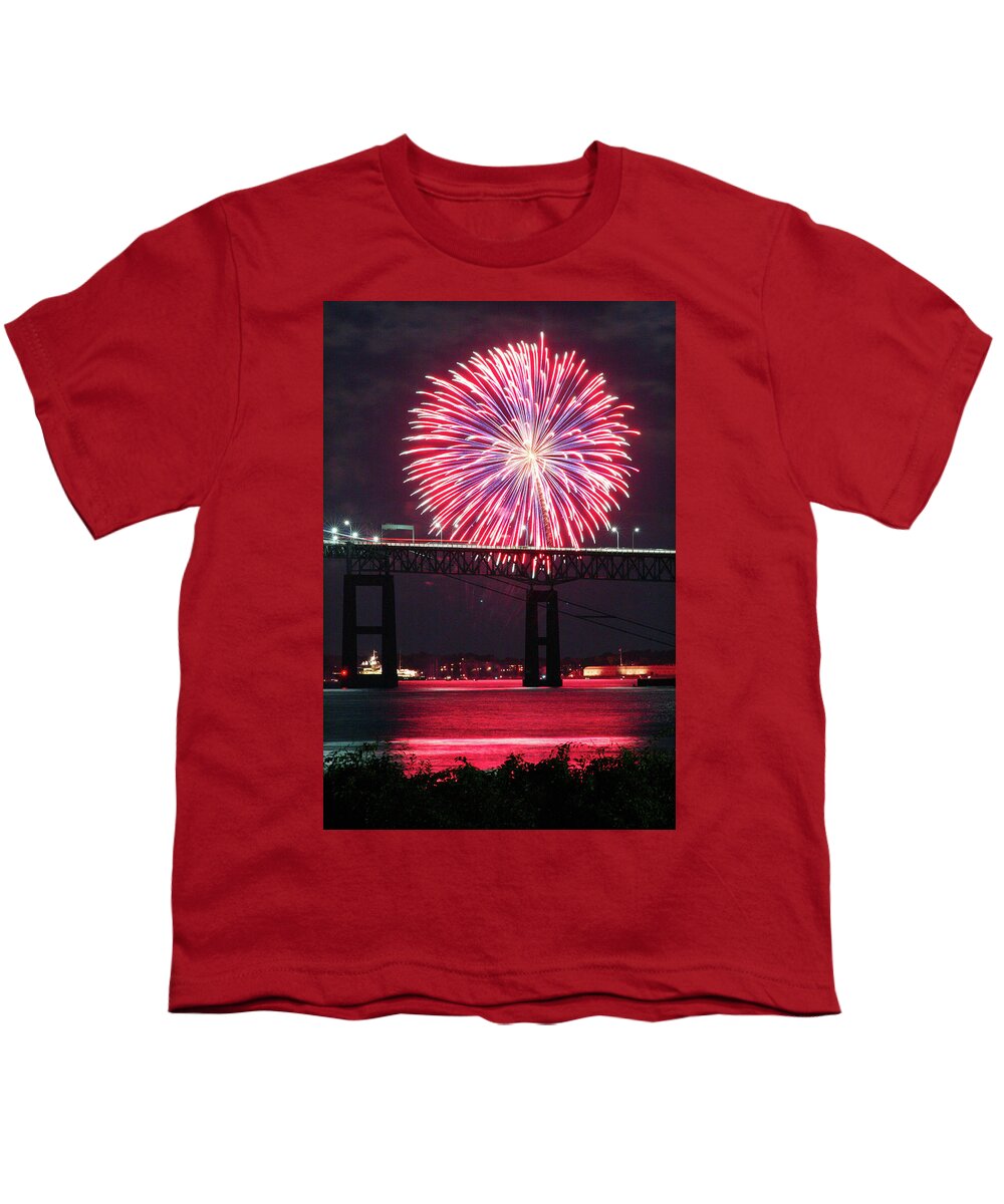 Fireworks Youth T-Shirt featuring the photograph Fireworks over the Newport Bridge by Jim Feldman