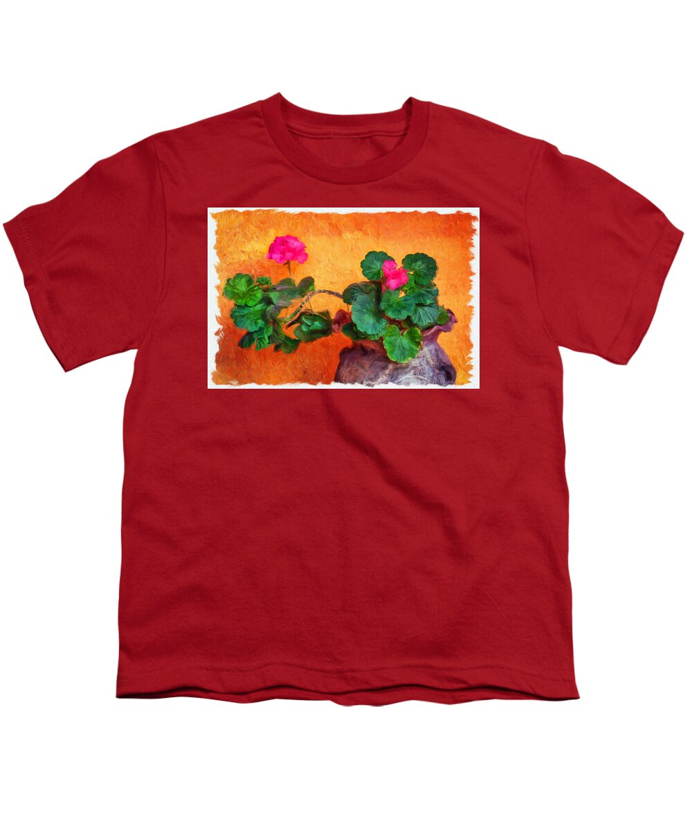 Geraniums Youth T-Shirt featuring the photograph Geraniums in a clay pot still life painting by Tatiana Travelways