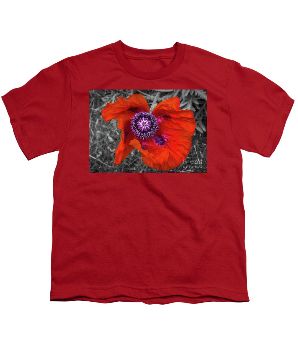 Poppy Youth T-Shirt featuring the photograph Giant opium poppy - selective color by Lyl Dil Creations