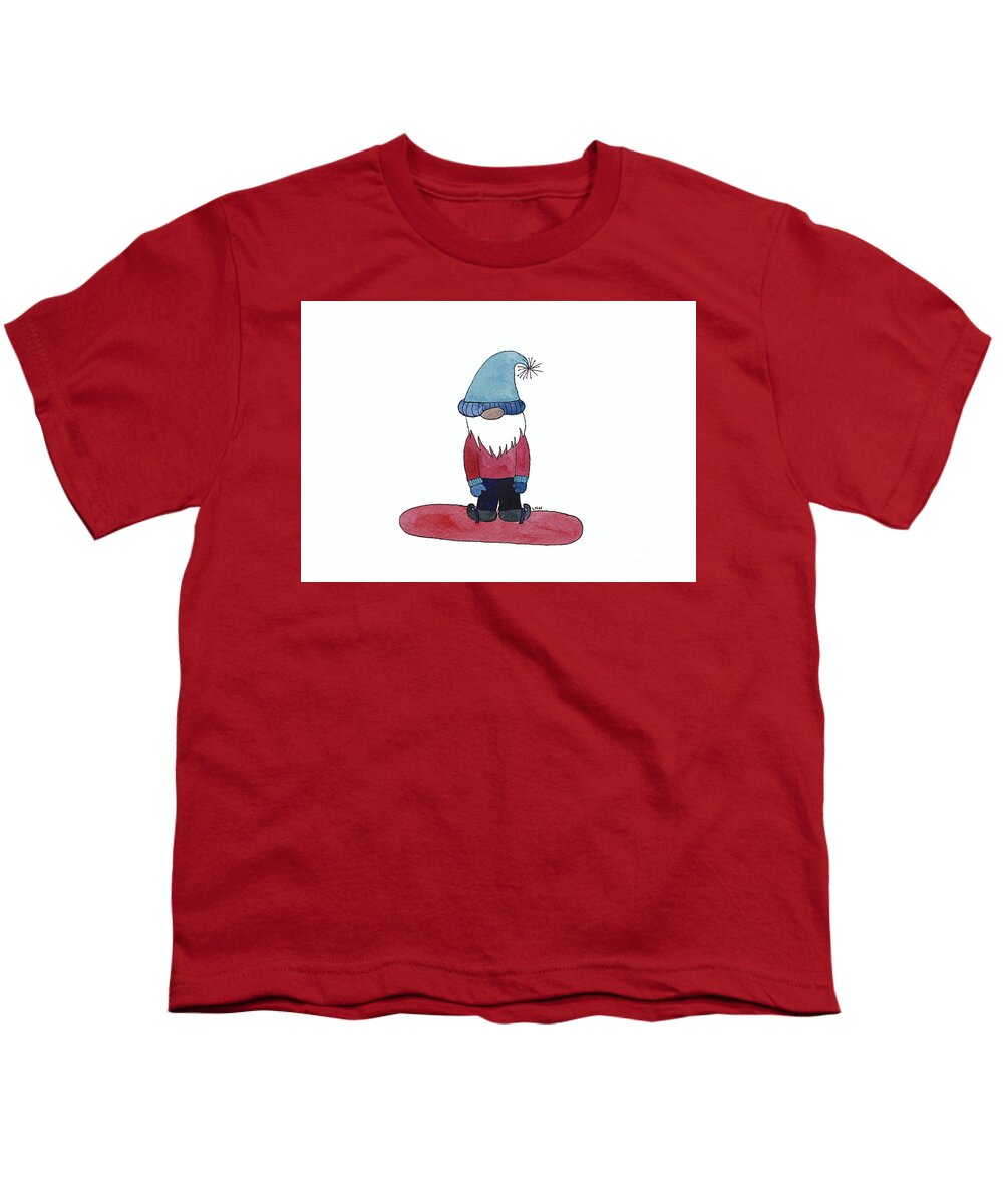 Snowboard Youth T-Shirt featuring the mixed media Gnome on Snowboard by Lisa Neuman