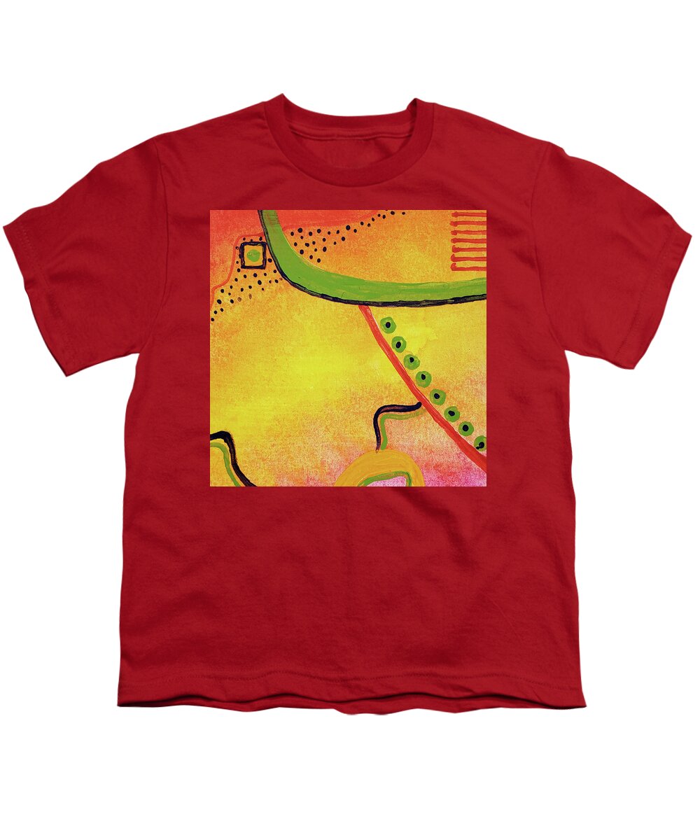 Yellow Youth T-Shirt featuring the painting HOPI TRAIL Abstract In Yellow Red Pink Green Dots by Lynnie Lang