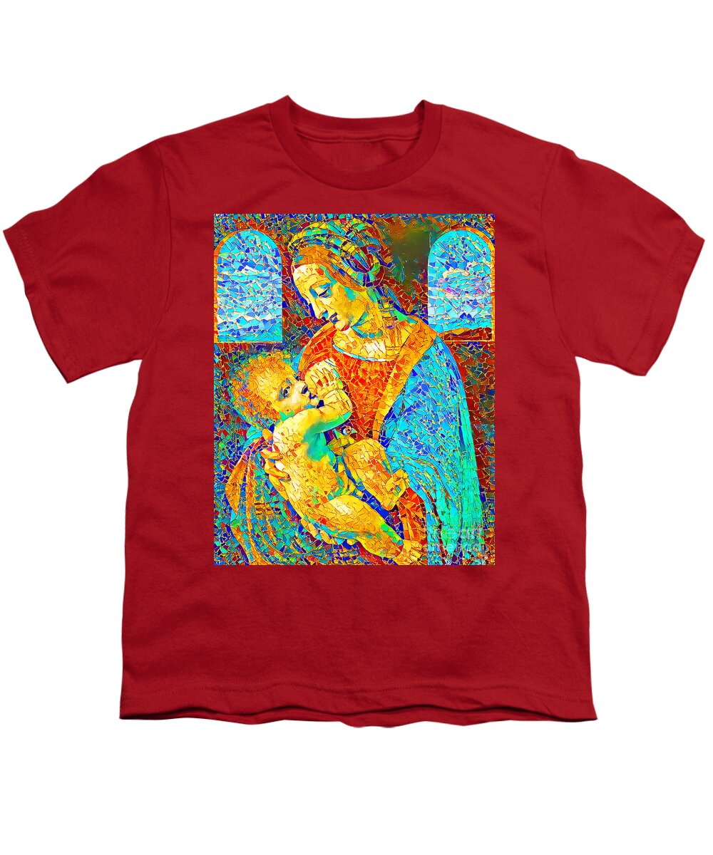 Wingsdomain Youth T-Shirt featuring the photograph Leonardo da Vinci The Modonna Litta in Vibrant Colorful Stained Glass Motif 20200805 by Wingsdomain Art and Photography