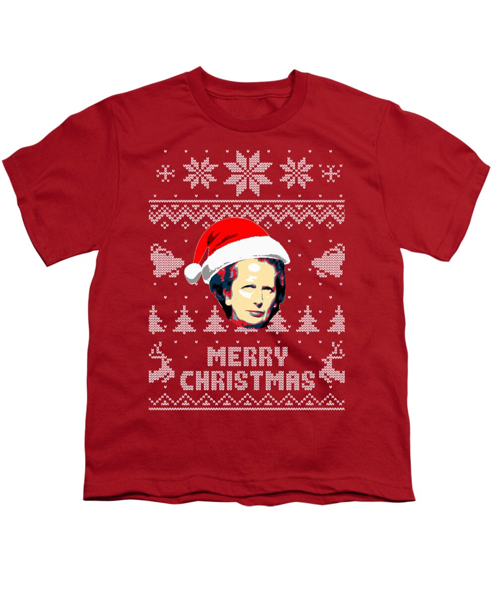 Uk Youth T-Shirt featuring the digital art Margaret Thatcher Merry Christmas by Megan Miller