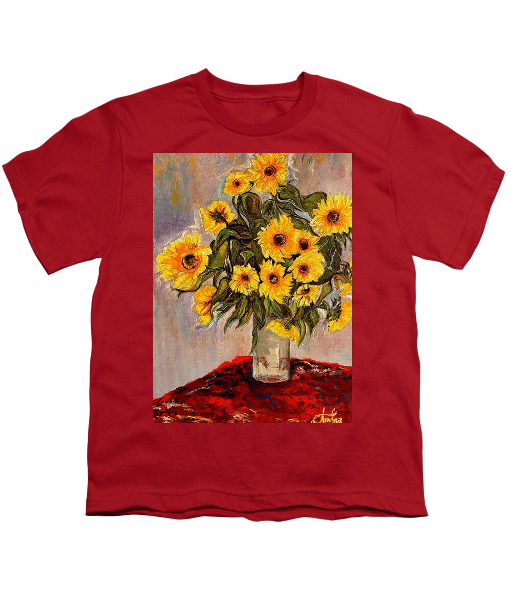 Sunflowers Youth T-Shirt featuring the painting Monets Sunflowers by Anitra by Anitra Handley-Boyt