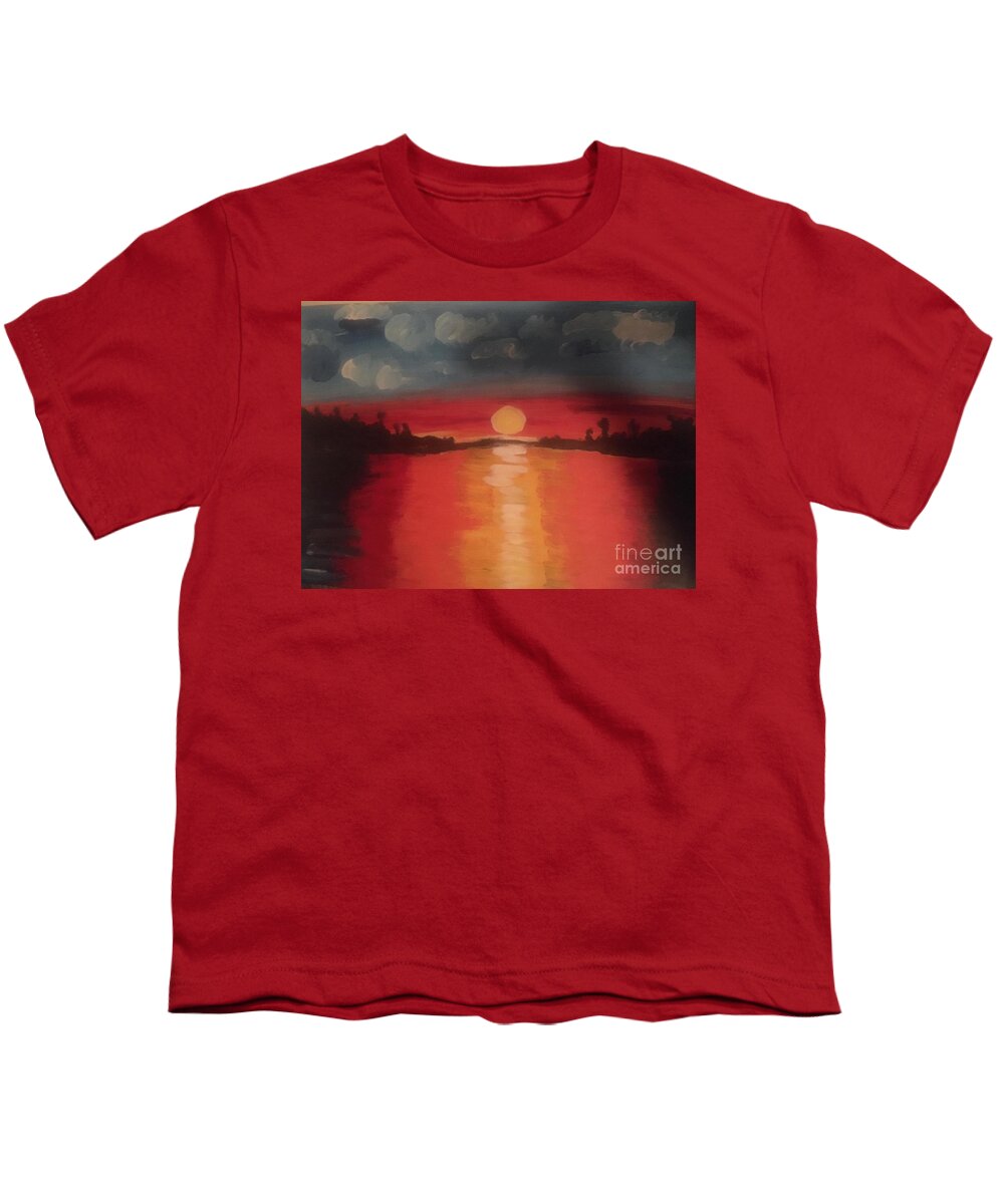 Red Hot Sunset Heat Beauty Nature Love Muskoka Cottage Country Canada Youth T-Shirt featuring the painting Red Hot Sunset by Nina Jatania